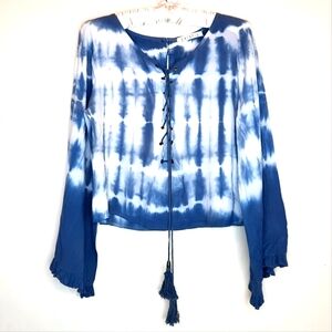 EXIST Blue Tie Dye Lace-Up Bell Sleeve Top